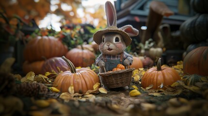 adorable cute bunny in overalls and straw hat with basket in paws against autumn pumpkin harvest background