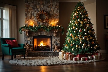 Beautiful green Christmas tree with decorative round balls in a room with a burning fireplace