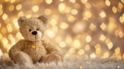 Cute teddy bear surrounded by warm, festive bokeh lights, creating a cozy and joyful holiday atmosphere.