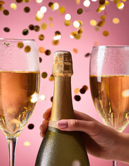 champagne bottle and glasses with colorful background with confetti, celebration background with cop