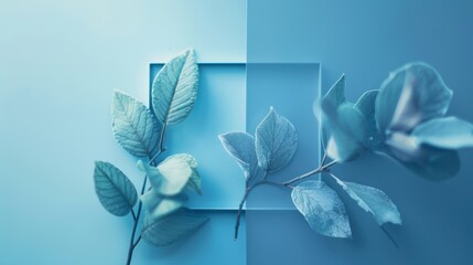 Wall Mural - Elegant, minimalist arrangement of leaves on a blue background, showcasing a modern and serene aesthetic in natural tones.