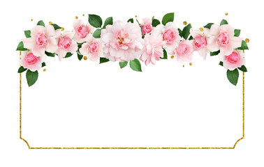 Wall Mural - Beautiful pink rose flowers and leaves in a floral border with golden glitter frame and confetti isolated on white or transparent background