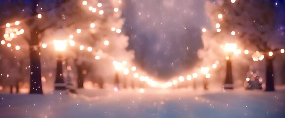 Wall Mural - Long Christmas banner animation Winter wonderland with shiny lights garland decorated Christmas trees 4k animation