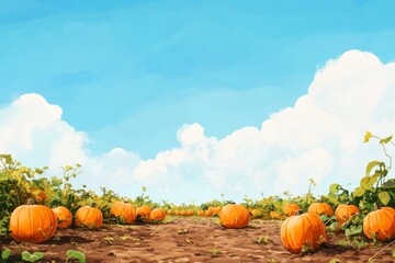 'a vibrant pumpkin patch basking under a clear blue sky on a sunny day. the scene is filled with bri