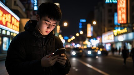 Portrait Young Using Smartphone on City Street at Night