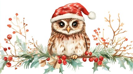 festive winter owl perched on snowy branch with christmas berries