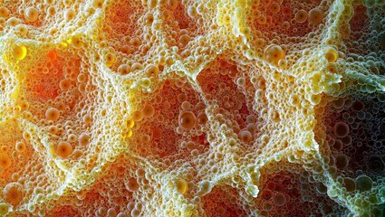 Bubble Universe. Vibrant macro image of colorful soap bubbles forming intricate patterns and textures against a glowing orange background.