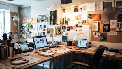 Creative workspace with artwork and laptop.