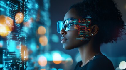 AI Cybersecurity Threat. African American Female IT Specialist Analyzing Data, AR AI Collage, Side Profile