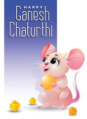 Wall Mural - Happy Ganesh Chaturthi Text with Cute Pink Mouse vector Background