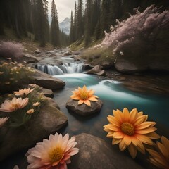 Beautiful flowers on the background of a mountain river in the mountains. generative ai