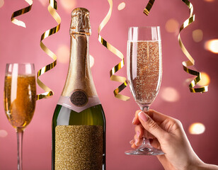 Champagne bottle and glasses with colorful background with confetti, celebration background with copy space, concept of celebration