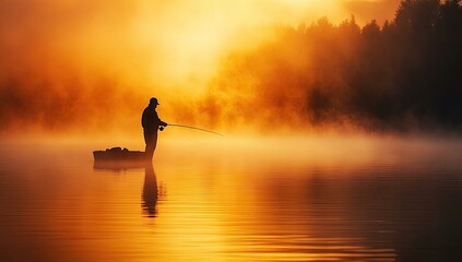 Silhouetted fisherman casts on a foggy lake at sunrise.