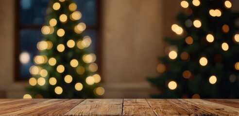 Empty wood table top with abstract warm living room decor with christmas tree blur background with bokeh light,Holiday backdrop,Mock up banner for display of advertise product ,luxury house