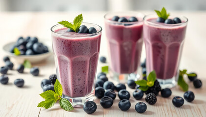 Wall Mural - Three glasses of blueberry smoothies with mint leaves on top