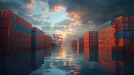 Shipyard with stacked containers and distant ships, cloudy sky, 3D illustration 