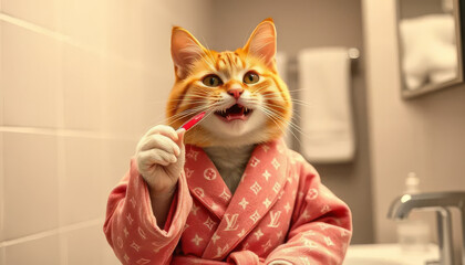 Wall Mural - A cat is wearing a pink robe and holding a toothbrush