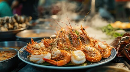 A plate of baked shrimp with Thai spices, served alongside crab and fish in a street food setting, with a backdrop of bustling vendors and steaming dishes, evoking the rich flavors of Thai cuisine