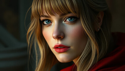 Wall Mural - A woman with long blonde hair and blue eyes is wearing a red hoodie