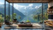 © julija - serene mountain vista as immersive virtual meeting background photorealistic detail blends with subtle digital enhancements zeninspired home office setup in foreground