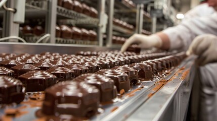 close up of chocolates on factory production line