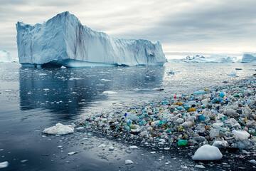 Alaska Icebergs surrounded by plastic and pollution environment problems