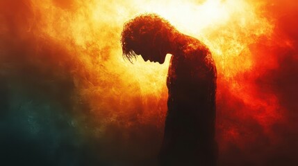 silhouette of person praying juxtaposed with figure crying out in anguish dramatic light rays spiritual struggle concept