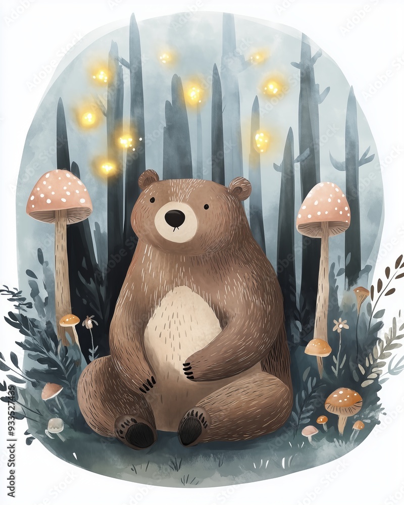 Whimsical children's book illustration of a friendly bear in a magical ...