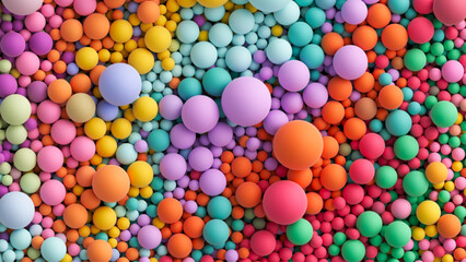 Sticker - Many bright random pastel colored soft balls background. Colorful balls background for kids zone or children's playroom. Top view of huge pile of colorful balls in different sizes. Vector illustration