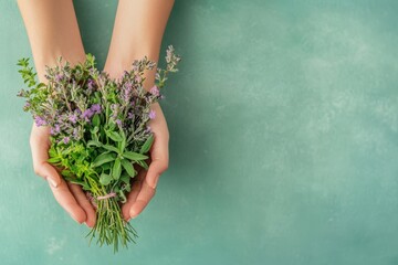 Hands cradling a vibrant bouquet of medicinal herbs, lush green backdrop providing a serene ambiance, ample space for informative text at the top, inviting and organic feel