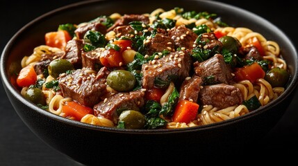 A bowl of meat and vegetables with noodles