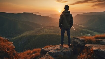 Man Standing on Mountaintop at Sunset, Looking at Valley Below