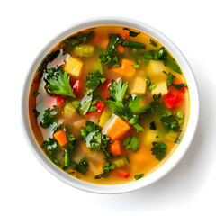 Wall Mural - Homemade vegetarian soup in white bowl top view isolated on white background