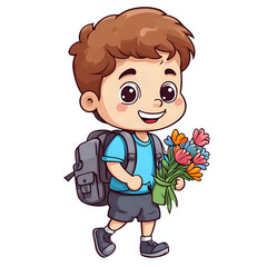 Cute first grade boy holding a bouquet of flowers. Generative AI