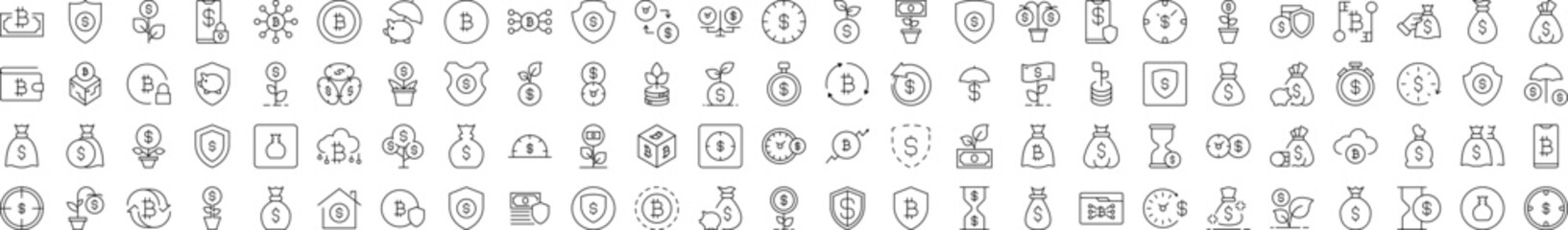 Wall Mural - Insurance and Money Savings Line Icon Set. Contains Icons of Dollar, Shield, Bag, Wallet that Can Be Used for Design of Cards, Posts, Apps, Web Sites