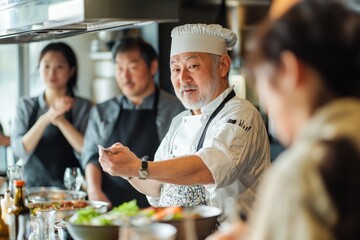 Wall Mural - Middle-aged group in a cooking workshop, listening intently as the chef demonstrates a technique