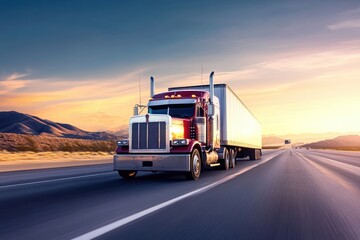 Wall Mural - Transport truck driving through a desert highway at sunset, motion blur accentuating its rapid movement and the endless road ahead, representing long-haul deliveries