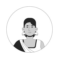 Wall Mural - Hindu woman in saree dress black and white 2D vector avatar illustration. Indian female sari traditional outline cartoon character face isolated. Corporate casual flat user profile image portrait