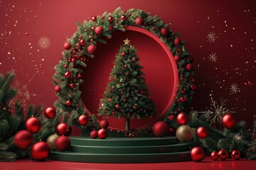 This vibrant holiday banner showcases a green podium on a red circular background, adorned with a Christmas tree, sparkling baubles, and gold stars, capturing the festive spirit.

