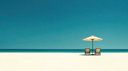 A minimalist beach scene with a lone umbrella and two chairs on white sand, highlighting the simplicity and tranquility of a seaside retreat.