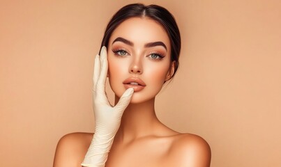 Wall Mural - A doctor examines a lady with clean, glowing skin before performing an aesthetic procedure at a cosmetologist's cabinet, with a beige background