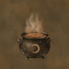 Halloween witch pot, boil, pan, cauldron, boiling poison with steam, hand drawing isolated pot, vintage art, old retro style brown background