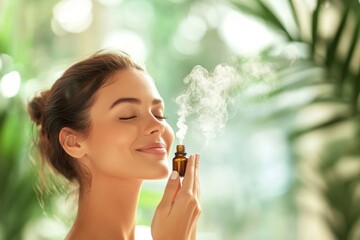 High-resolution brightly lit photorealistic candid photograph of a beautiful presenter woman in a spa, savoring the calming aroma of essential oils with a contented smile. The photograph is styled