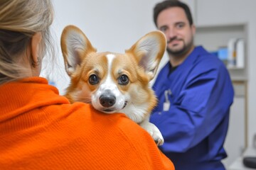 Wall Mural - Lady holding her puppy and visiting a clinic for regular checkups with a sad Pembroke Welsh Corgi dog, standing in a vet hospital