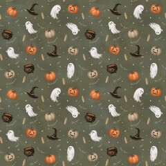 Wall Mural - Halloween party set seamless pattern, hand drawing pumpkins, ghost, pot, witch hat, candles, text, vintage art, old retro style mint background