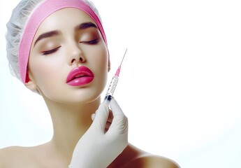 Wall Mural - The concept of lip injections: woman receiving fillers to contour or enhance her lips, lying in a beauty salon, top view