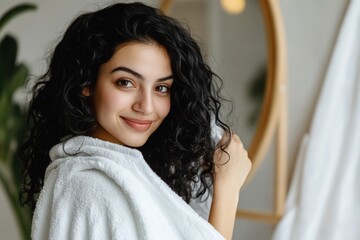 Wall Mural - An attractive European lady stands in front of a mirror and smiles while removing her curly hair