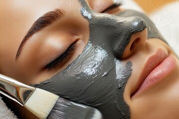 Wall Mural - A woman enjoying receiving spa treatments in a salon, a closeup view of a facial rejuvenation procedure with a beauty mask