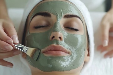 Wall Mural - Woman lying on table, enjoying beauty treatments in spa salon, cosmetologist applying grey clay mask to her face