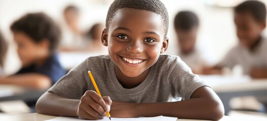 Schoolboy writes a test while smiling at the camera, surrounded by classmates engaged in focused study.